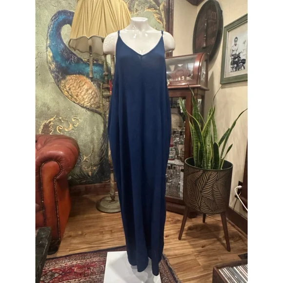 LOVESTITCH Navy Blue Gauze Maxi Dress Pockets S/M - Picture 3 of 12